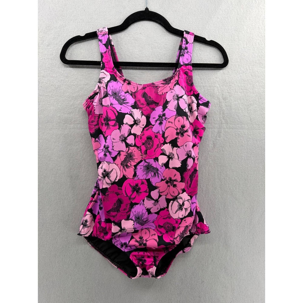 Lands End Swimsuit Womens 10 MAST Pink Black Tugless Mastectomy Floral Print